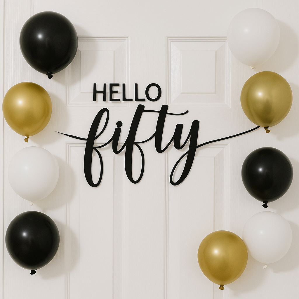 Hello Fifty Wall Sign – 50th Birthday Decoration, Acrylic Door Sign with Adhesive Tape, Black Script Décor for Women’s 50th Party